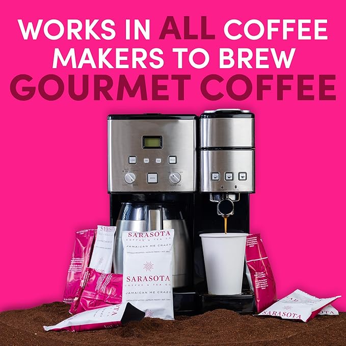 Sarasota Coffee Ground Packets | Gourmet Flavored Medium Roast Bulk Coffee Packs | Jamaican Me Crazy | Low Acid Mold Free Singles Individual Pouches for 12 Cup | 1.5 Ounce Bags, 42 Count