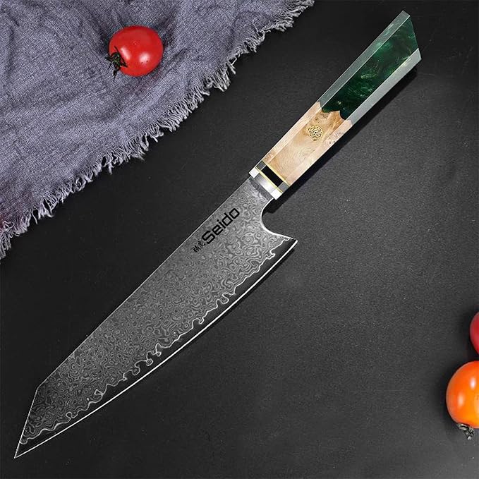 Seido Knives Kiritsuke Damascus Steel Chef Knife Epoxy Resin Stabilized Wood Handle Professional Kitchen Knife VG10 High Carbon Stainless Steel, Forest Green