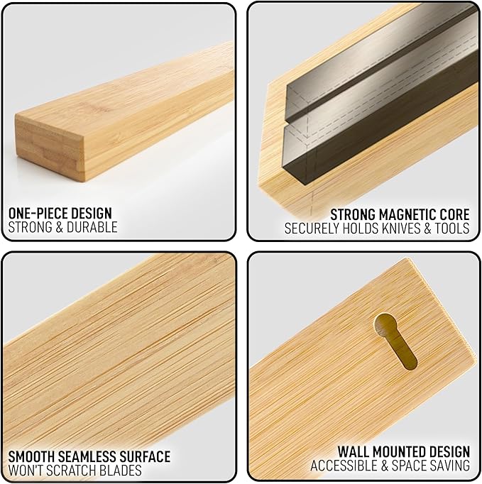 Zulay 11.75" Seamless Maple Wood Magnetic Knife Holder - Wooden Magnetic Knife Strip for Organizing your Kitchen - Elegant & Multifunctional Magnet Holder for Wall with Easy Installation