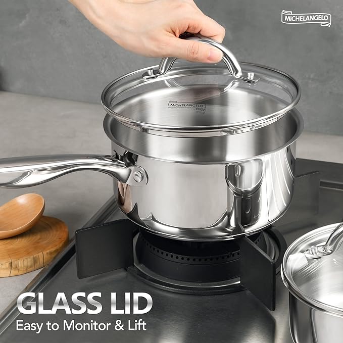 MICHELANGELO Saucepan Set 6pc, 18/10 Stainless Steel Sauce Pan with Lid, Tri-Ply Bottom Sauce Pot Set, Nonstick Saucepan, Induction Compatible, 1QT & 2QT &3QT