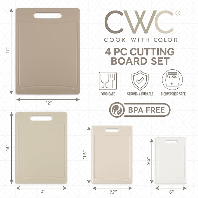 COOK WITH COLOR Non-Slip Cutting Board Set – Kitchen Essentials with Easy Grip Handle for Meat, Veggies, and Fruits, 4 Cutting Boards, Brown