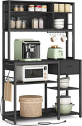 VASAGLE Bakers Rack with Charging Station, Coffee Bar with Adjustable Storage Shelves, Fabric Drawer, 12 Hooks, 15.7 x 39.4 x 71 Inches, Kitchen Microwave Stand, Charcoal Gray and Ink Black UKKS027B01