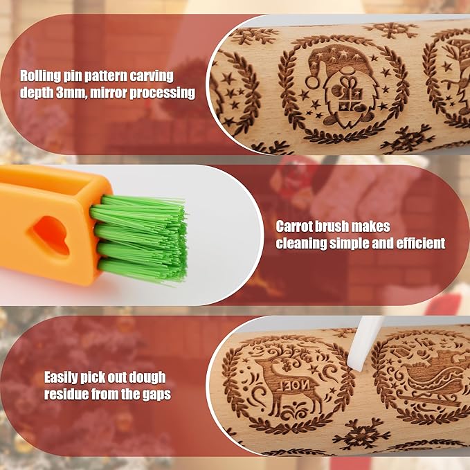 17" Premium Wooden Rolling Pins for Baking with Gnome Embossed Designs | 3mm Deep Springerle Cookie Molds | Christmas Rolling Pin & Baking Gifts for Women | Includes 3-in-1 Cleaning Brush