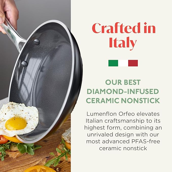 Orfeo 11” Nonstick Frying Pan, Made in Italy, Diamond Ceramic PFAS-Free Cookware, Induction Ready, Scratch Resistant, Laser-Fused Surface for Durability, Dishwasher Safe, Black