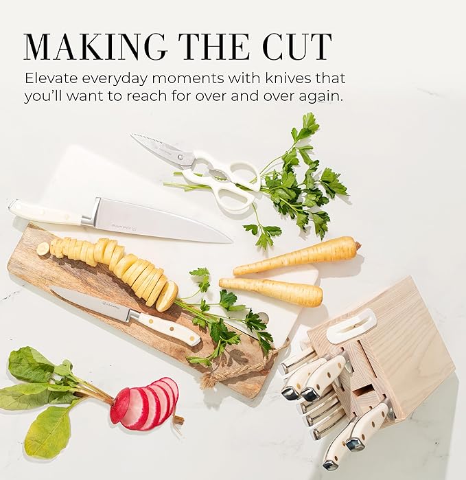Styled Settings White Knife Set with Block and Sharpener – 14-Piece Ultra-Sharp High Carbon Stainless Steel Knives with Gold Triple Rivet White Handles and Ashwood Knife Block