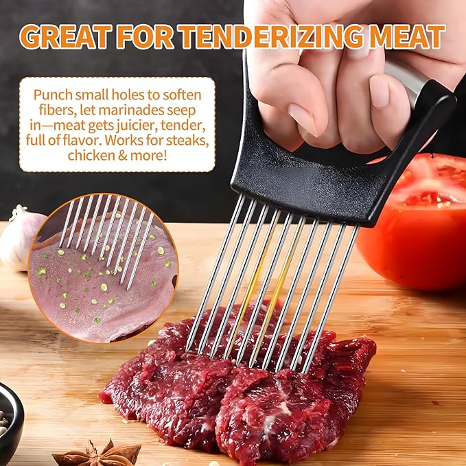 2PCS Onion Holder for Slicing, Upgraded Stainless Steel Onion Slicer Holder with Ergonomic Handle, Tomato Cutter, Vegetable Slicing Tool, Meat Tenderizer, Kitchen Food Cutting Gadget