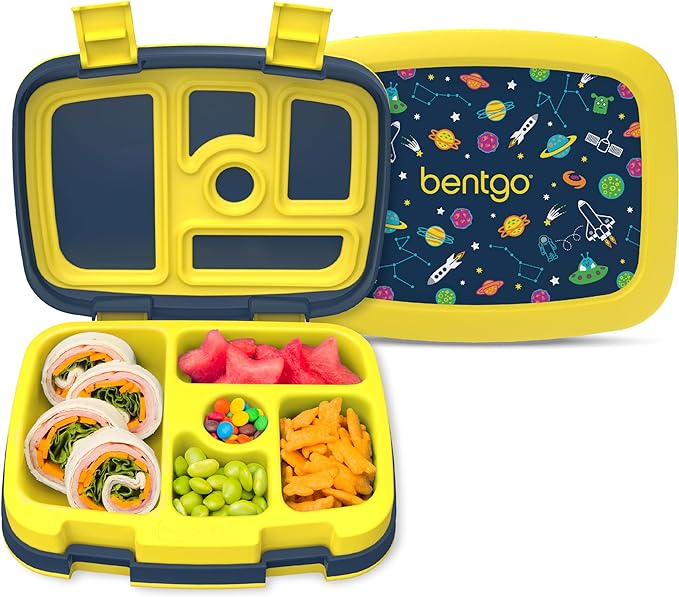 Bentgo Kids Prints Leak-Proof, 5-Compartment Bento-Style Kids Lunch Box - Ideal Portion Sizes for Ages 3-7, Durable, Drop-Proof, Dishwasher Safe, & PFAS & BPA-Free Materials (Space)