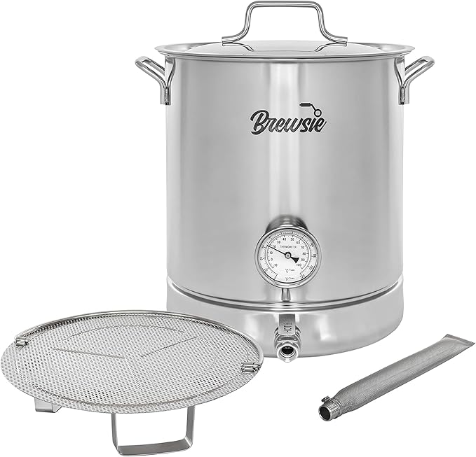 BREWSIE Stainless Steel Home Brew Kettle w/Dual Filtration. Equip with False Bottom Thermometer and Ball Valve for Brewing (10 Gal/ 40 Quart)…