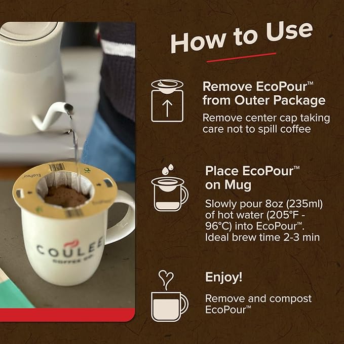 Coulée EcoPour She Devil Coffee, Single Serve Arabic Coffee, Medium Roast, Use for Camping or Traveling, Pre Filled Compostable Filters, Ready to Brew with Hot Water, 10 Pack