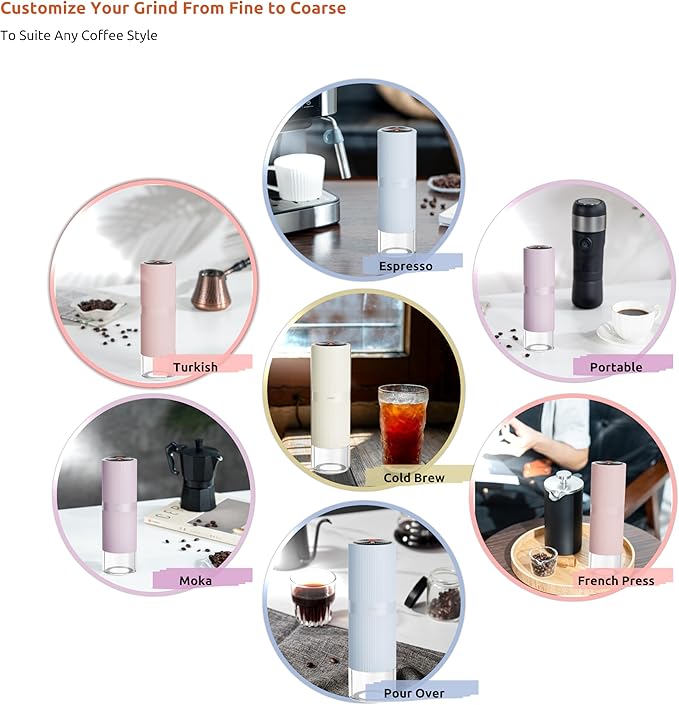 Portable Electric Coffee Grinder, Rechargeable Handheld Grinder with Stainless Steel Conical Burr, Adjustable Grind Settings, for Espresso, Moka, Pour Over, French Press, Cold Brew, Lilac