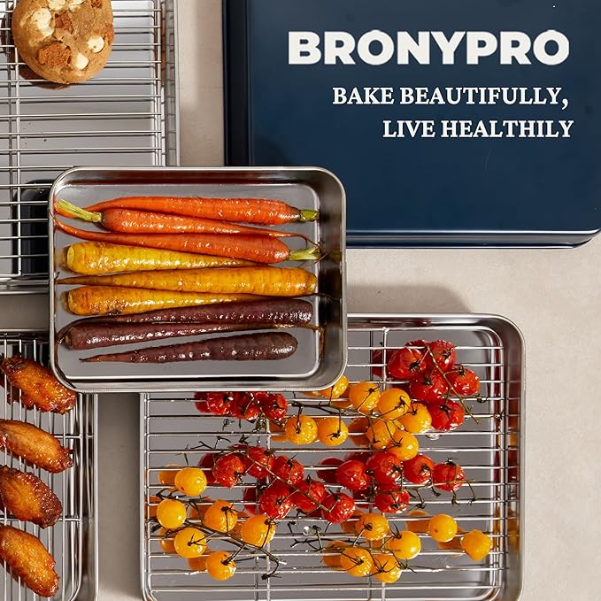 BRONYPRO Stainless Steel Baking Sheet Pan Set of 3, Cookie Sheets 9/12/16 In, Non-Toxic Uncoated Interior (PFOA & PTFE Free), Solid Warp-Resistant Cooking Trays for Oven & Toaster, Navy Exterior