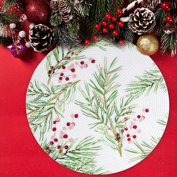 FunWheat Round Placemats Set of 6 Table Mats for Dining Tables Washable Non-Slip Place mats 15 Inch for Christmas(Christmas Tree, 6pcs)