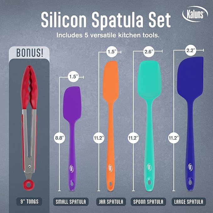 Kaluns Silicone Spatula Set, 4 Rubber Spatulas 600°F Heat Resistant, Nonstick Seamless Design with Stainless Steel Core, Dishwasher Safe, BPA free, Bonus Tongs Included