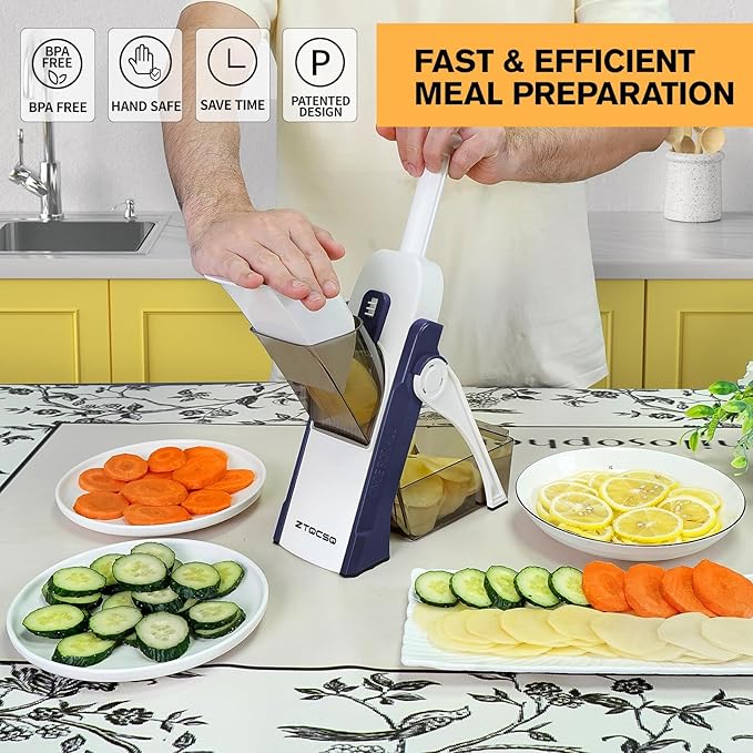 Safe Mandoline Slicer for Kitchen, Meal Prep, Potato Slicer, Adjustable/Easy to Clean/Storage, Kitchen Chopping Artifact, French Fry Cutter,Paring Knife/Cleaning Brush (only Slice, DarkBlue)