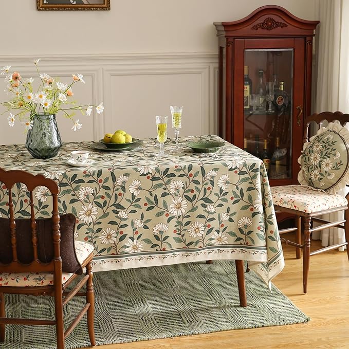 ISAENNE Designer Green Linen Long Rectangle Tablecloth,Floral French Country Indoor Table Cloth,Stain Resistant Home Decor Tablecloths for Dining Kitchen Thanksgiving Party,63"*102"-Brune