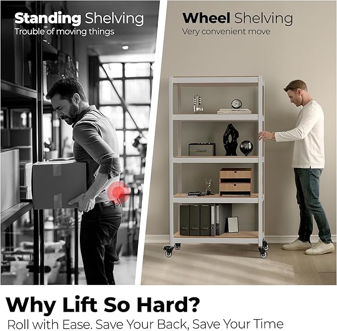 HOMEDANT House White 5-Tier Metal Rolling Cart Shelf Rack Casters Heavy Duty Wheel Shelving Unit Adjustable Utility Storage Shelves Organizer Shelf Kitchen Garage 36.2" W x 16.5" D x 69.5" H 1Pack