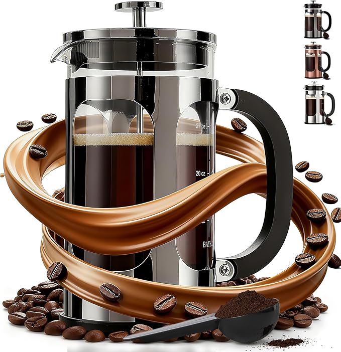 BAYKA French Press Coffee Maker, Large 304 Stainless Steel Coffee Press, Cold Brew Heat Resistant Thickened Borosilicate Coffee Pot for Camping Travel Gifts, 34 Ounce, Dark Pewter