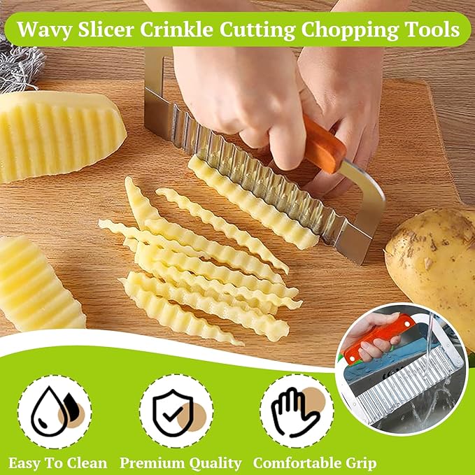 Suuker Crinkle Cutter, Extra-Large Potato Slicer Wavy Chopper, Stainless Steel French Fry Cutter Wavy Crinkle Cutting Chopping Tools with Wooden Handle for Carrot Veggies