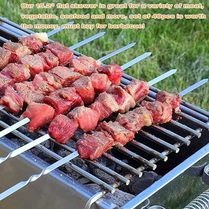 15.2" Kabob Skewers for Grilling, 40 Pack Metal BBQ Skewers - Reusable for Meat, Vegetable, Seafood & More