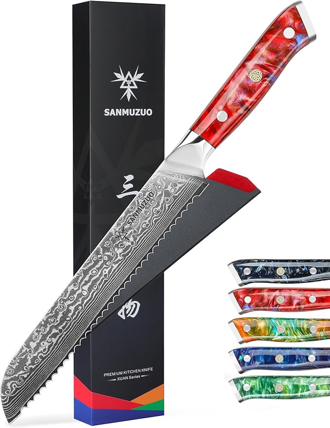 8” Bread Knife Serrated Kitchen Chef Knife - Damascus Steel & Resin Handle - Xuan Series (Sunset Red)