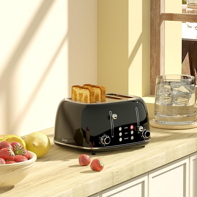 Toaster 4 Slice, Retro Stainless Toaster with 6 Bread Shade Settings,1.5''Wide Slots with Cancel/Defrost/Reheat Functions,Dual Independent Control Panel, Removal Crumb Tray (Black)