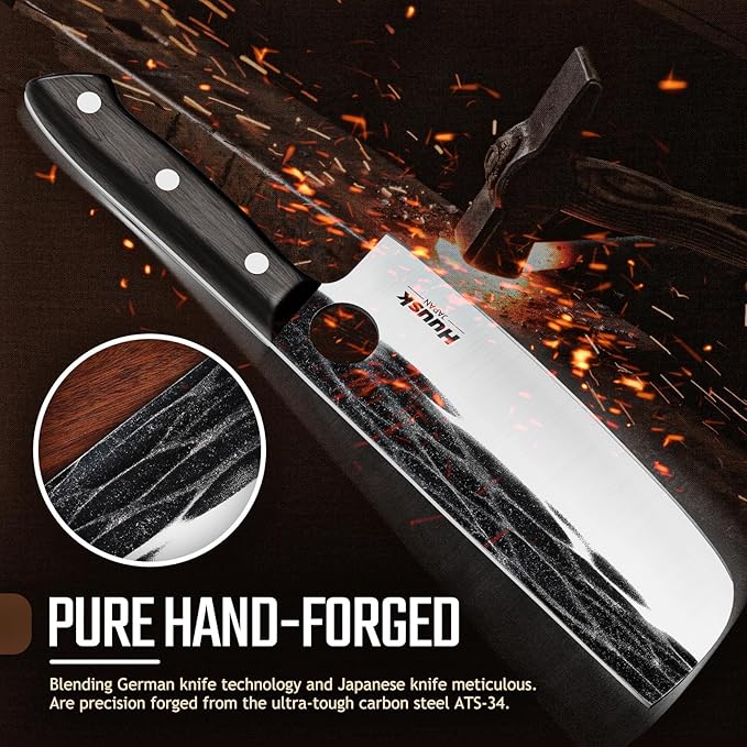 Huusk Japanese Nakiri Knife, 7 Inch Vegetable Chopping Knives with Full Tang Design, Hand Forged Cleaver with Ebony Handle, Japanese Kitchen Knife for Meat Cutting, Cooking Gift for Men
