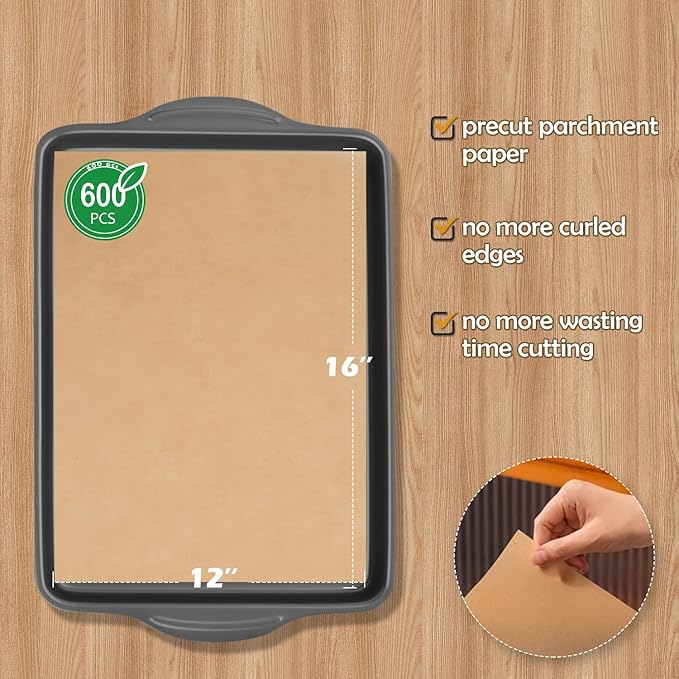 600Pcs Unbleached Parchment Paper Sheets for Baking, 12 x 16 Inch, Non-Stick Precut Half Sheet Parchment Paper for Baking, Cooking, Air Fryer, Oven (brown-12" x 16"-600pack)