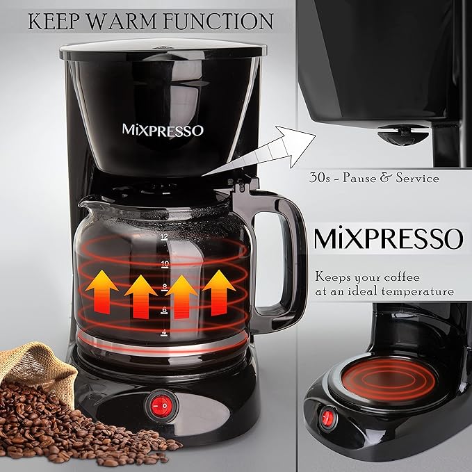 Mixpresso 12 Cup Coffee Pot, Auto-Off & Reusable Filter, Large Drip Coffee Maker, Borosilicate Glass Carafe, Anti-Drip, Water Window, Easy On/Off Switch, Black Coffee Machine