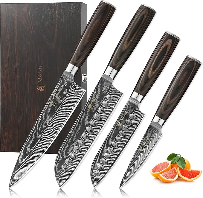 Wakoli ESE 4-Piece Damascus Knife Set – Professional Chef Knives | 67-Layer VG10 Core Steel | Santoku, Chef, Small Santoku & Office Knife | Ergonomic Pakkawood Handles | Gift Box