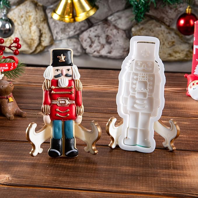 Flycalf Christmas Cookie Cutters Nutcracker Shapes with 3D Stamper Fall Holiday PLA Baking Accessories Cutter Molds Gifts for Kids Decorative Party 3" Kitchen Cake Supplies