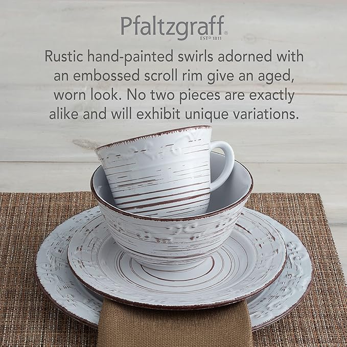 Pfaltzgraff Trellis White 16-Piece Stoneware Dinnerware Set, Service for 4, Distressed White Finish, Microwave & Dishwasher Safe Plates and Bowls