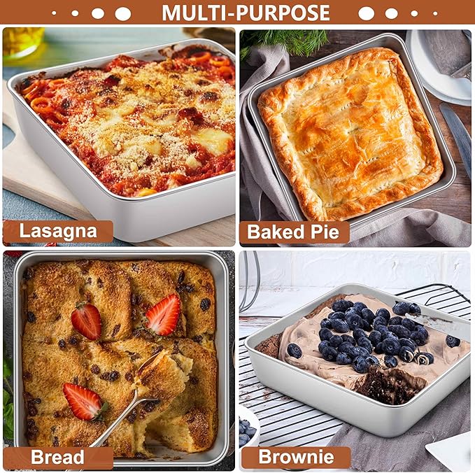 LIANYU 9 x 9 Inch Square Baking Cake Pan Set of 4, Stainless Steel Brownie Bread Cake Molds, Square Bakeware for Lasagna Pie, Oven & Dishwasher Safe