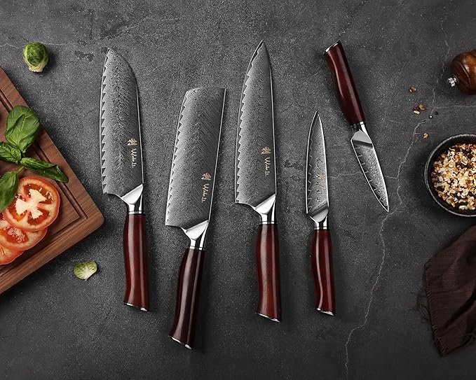 Wakoli Red Knife Block Set – 5-Piece Professional Damascus Kitchen Knife Set with Magnetic Block | 67-Layer Damascus Steel with VG10 Core | Ergonomic Rosewood Handles | Gift Box (Rose Elegance)