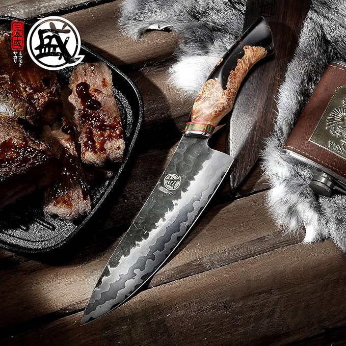 MITSUMOTO SAKARI 8 Inch Gyuto Chef Knife - Professional Japanese Kitchen Knives, Hand Forged 67-Layer 440C Damascus Steel, MapleWood Handle & Sandalwood Box