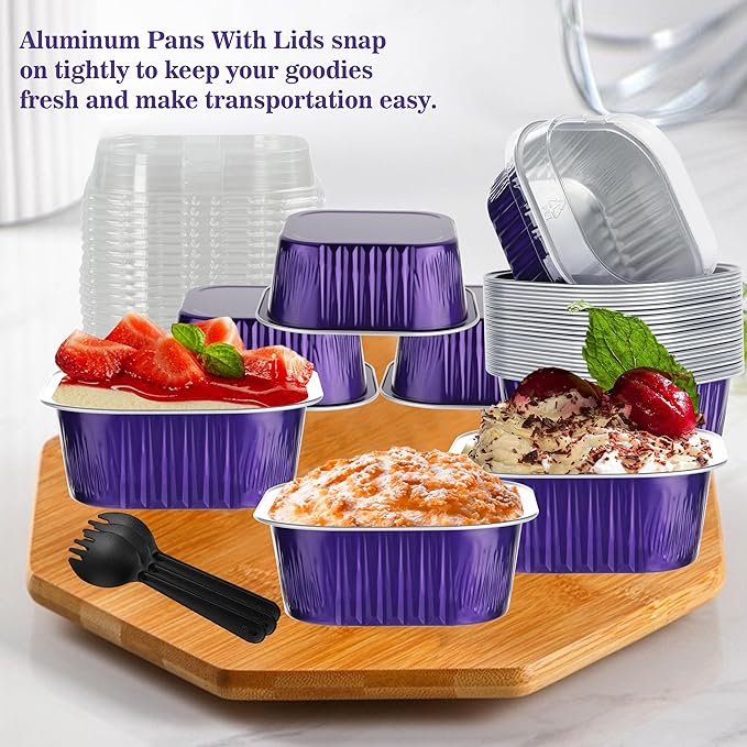 30PCS 10OZ Mini Cake Pans with Lids - Aluminum Foil Baking Cups - Mini Square & Cheesecake Pans for Birthday & Holiday Baking, Violet
