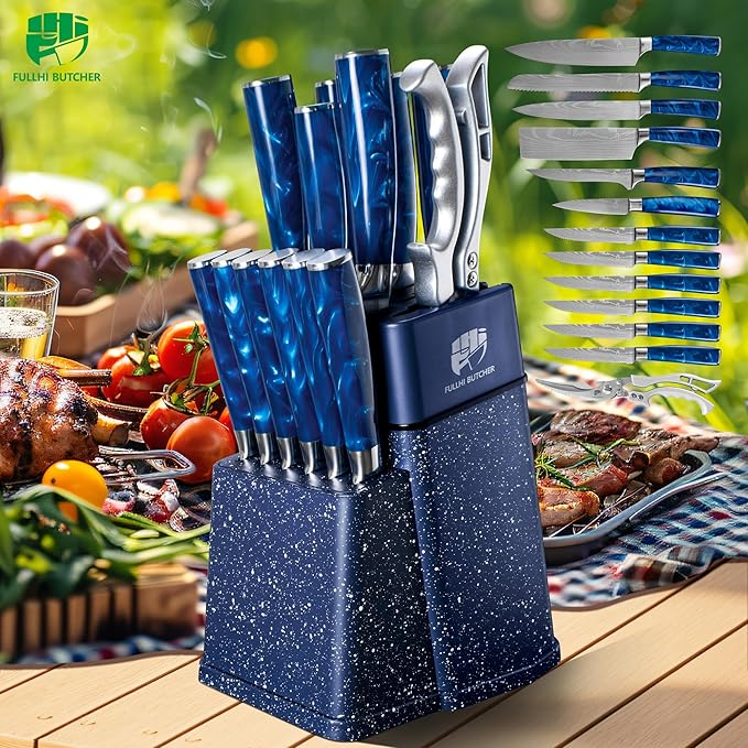 FULLHI 14pcs Block Knife Set, Chef's Knife Steak Knives Set with Block and Sharpener, Kitchen Knife Set, Multi-colour Handle, Gifts for Men Women