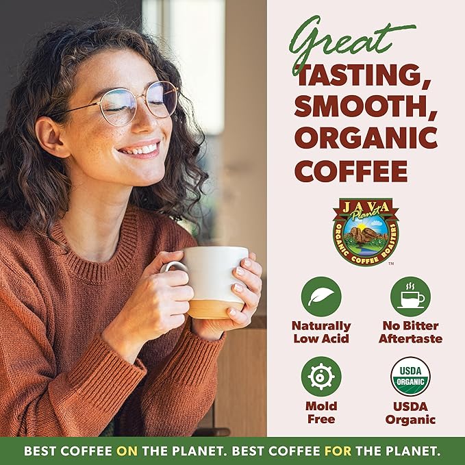 Low Acid Organic Coffee – Whole Bean, Mold-Free & Stomach Friendly by Java Planet, Peruvian Single Origin Decaf Coffee, Water Process, Medium Dark Roast, Smooth Full Flavored, 5LB Bag