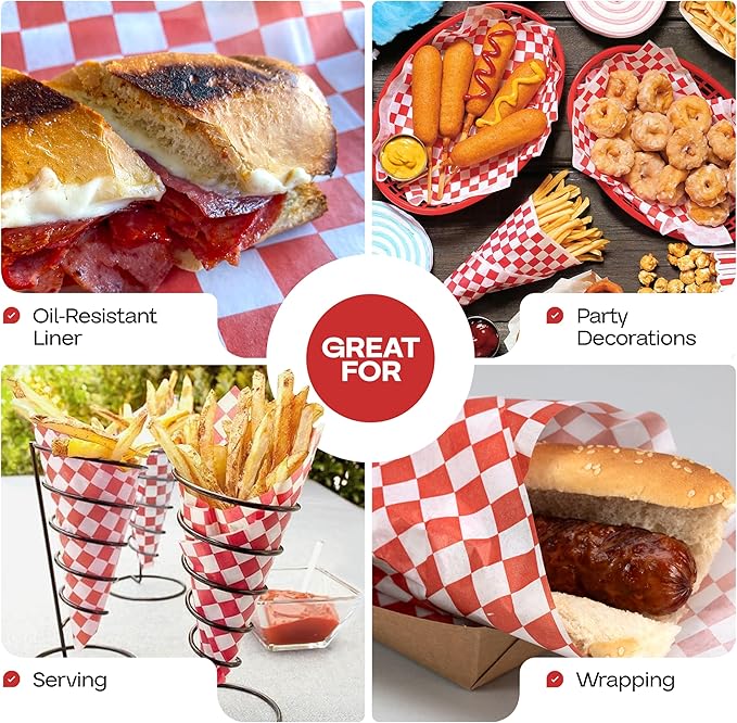Red Checkered Deli Paper Sheets, 12" x 12" (250 pcs) - USA-Made Premium Food Basket Liners - PFAS-free Grease Resistant Deli Paper Sheets for Food, Snack & Baking Wrap, Picnic & Party by IDL Packaging