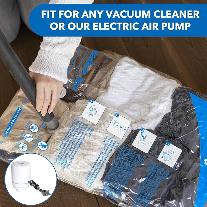 Vacuum Storage Bags with Electric Air Pump 24 Combo (5 Jumbo/5 Large/5 Medium/5 Small/4 Roll), Plastic Packaging Bags,Space Saver Sealer Bags for Clothes, Pillows, Comforters, Blankets, Bedding