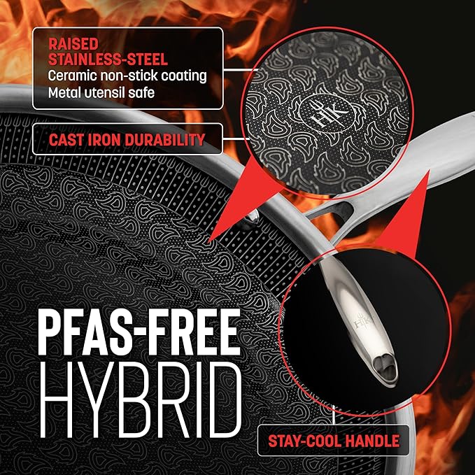Hell's Kitchen Hybrid 9.5" Frying Pan, Tri-Clad Stainless Steel and Nonstick Ceramic PFAS Free, no PFOA, no PTFE, no Teflon, Non Toxic Cookware, Metal Utensil Safe, All Cooktops, Oven Safe