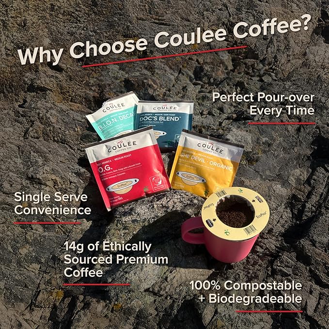 Coulée EcoPour O.G. Coffee, Single Serve Pour Over Colombian Coffee, Medium Roast, Use for Camping or Traveling, Pre Filled Compostable Filters, Ready to Brew with Hot Water, 20 Pack