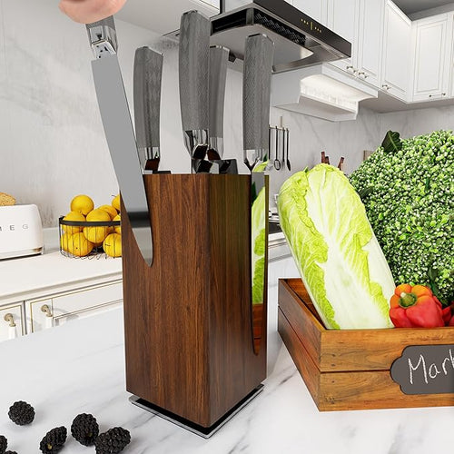 360° Rotating Magnetic Knife Block without Knives - Universal Holder for Counter Top with Removable Bristles, Acacia Wood
