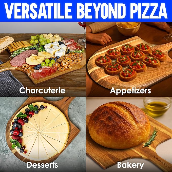 KitchenStar 14-Inch Acacia Wood Pizza Peel – Large Wooden Cutting & Serving Board with Handle – Natural Oil Finish – Ideal Pizza Oven Accessory for Easy Sliding & Prep