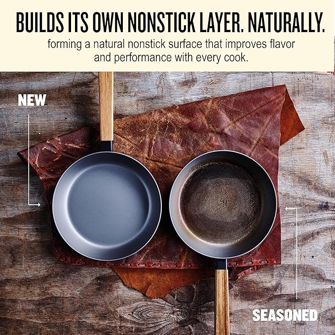 Alva Forest 4-Piece Carbon Steel Frying Pan Set – Naturally Nonstick, Pre-Seasoned, with Acacia Wood Handle, Made Without PTFE, PFOA, PFAS – Sustainable Belgian Design, Induction & All-Stovetop Safe