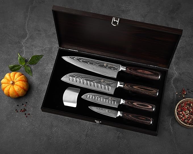 Wakoli ESE 4-Piece Damascus Knife Set – Professional Chef Knives | 67-Layer VG10 Core Steel | Santoku, Chef, Small Santoku & Office Knife | Ergonomic Pakkawood Handles | Gift Box