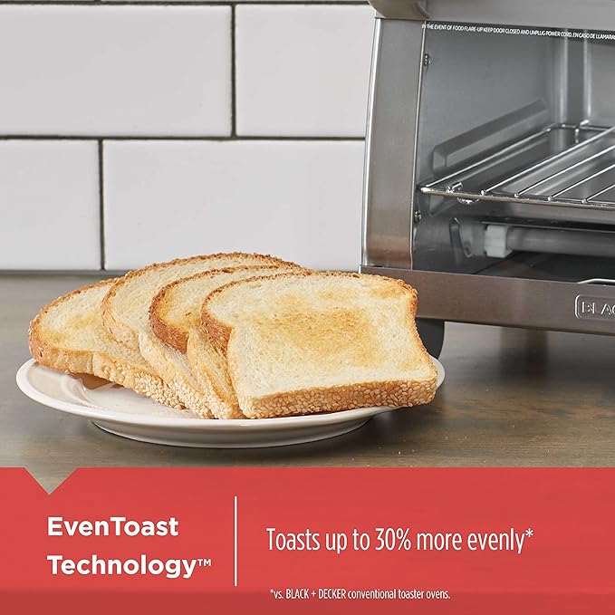 BLACK+DECKER 4-Slice Toaster Oven, TO1745SSG-1A, Even Toast, 4 Cooking Functions Bake, Broil, Toast and Keep Warm, Removable Crumb Tray, Timer
