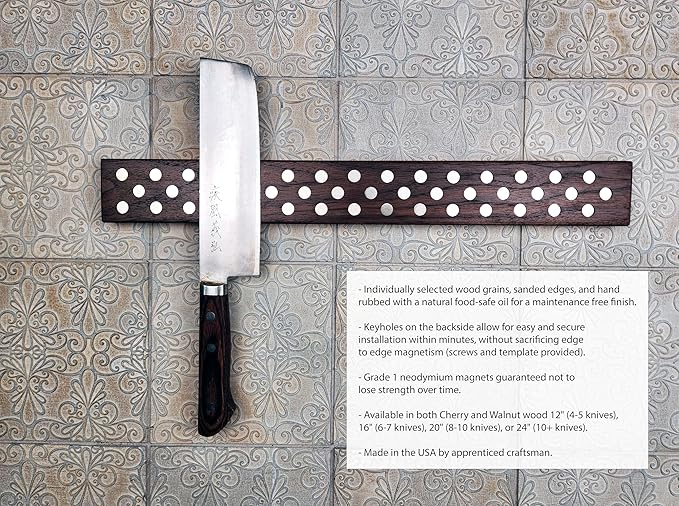 Magnetic Wooden Knife Bar Holder Strip, Cherry or Walnut, 12, 16, 20, or 24 Inch (24 Inch, Walnut)