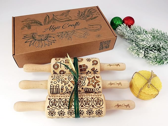 CHRISTMAS FUN 3 Kid Rolling Pin Set. Wooden Laser Cut Embossing Cut Mini Rolling Pins for Embossed Cookies. Gift for Kid, Friend, Christmas by Algis Crafts