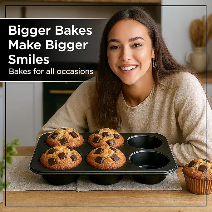 Wrenbury Jumbo Muffin Pan 6 Cup - Nonstick XL Deep Muffin Pan for Baking 3.75" Cup - Big Cup Tin - Oversized Extra Large Cupcake Mold - Dishwasher Safe - PTFE Free