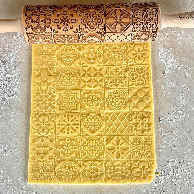 PORTUGUESE TILES Embossed Rolling Pin for Ceramic. Clay Roller and Ceramic Stamp for Embossing Pottery. Baking Gifts for Women by Algis Crafts for Embossed Cookies